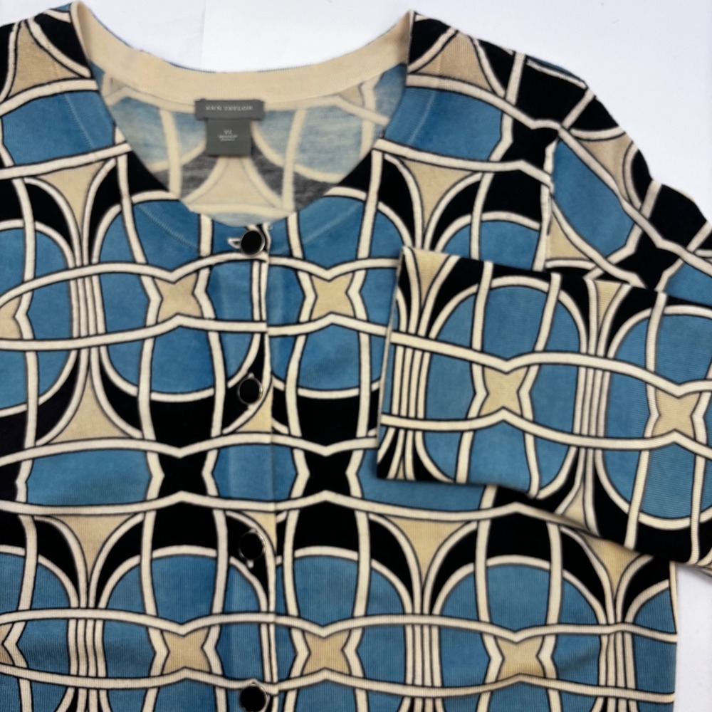 Ann Taylor Geometric Link Print Cardigan Sweater Blue Black Tan XL 3/4 Sleeve